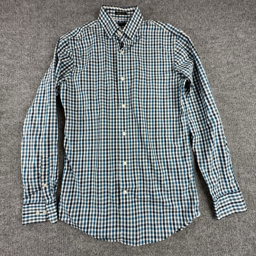 Banana Republic Mens Small Blue Gingham Grant Fit 120s Supima Cotton Dress Shirt